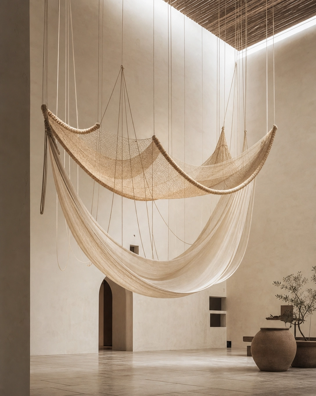 Instalação têxtil artesanal Kramma com drapeados em tons terracota e creme banhados por luz natural